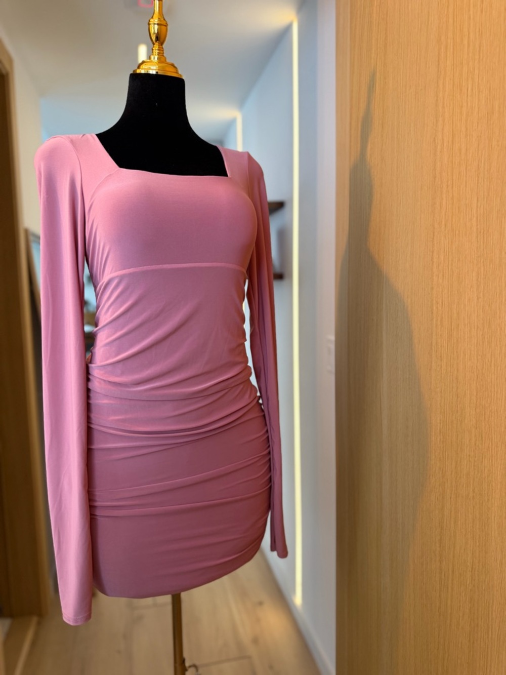 Club London Rose Pink Ruched Long Sleeve Mini Dress | Sculpted Muse - Picture 3 of 6